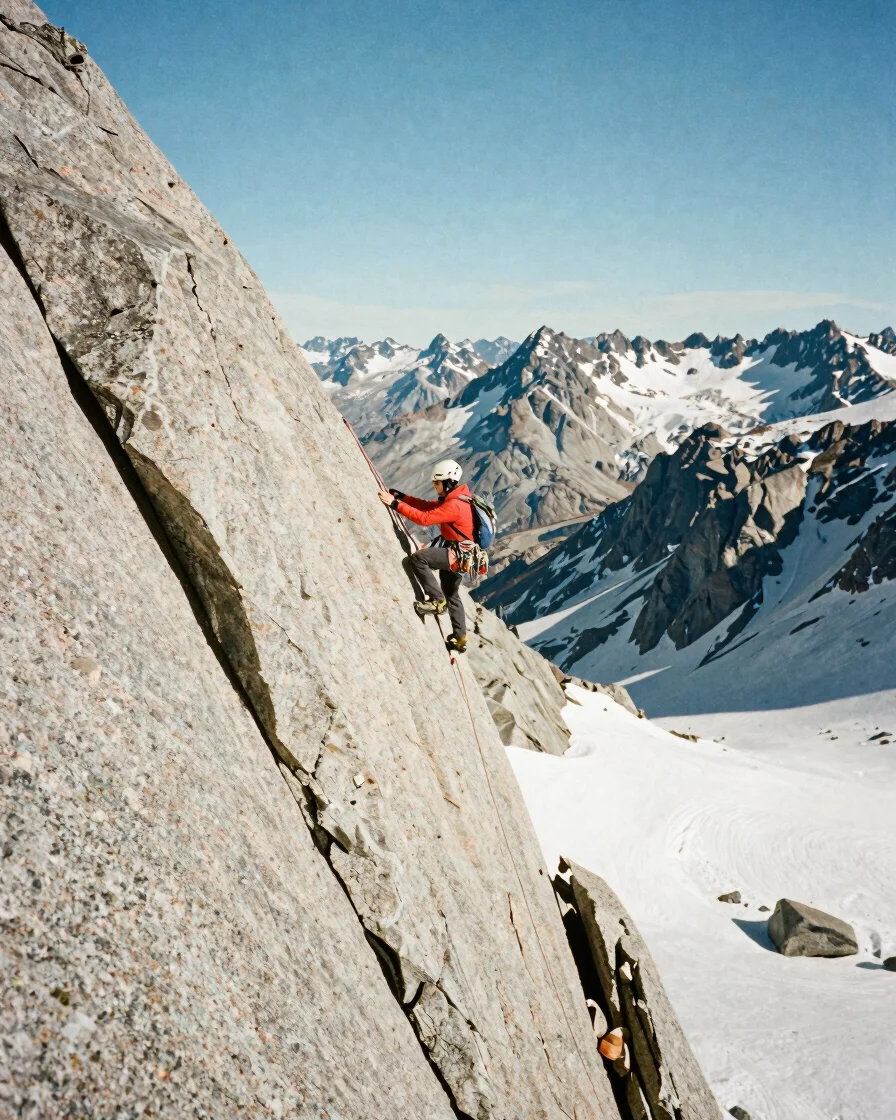 Solo climber on an exposed granite ridge under crisp high-altitud