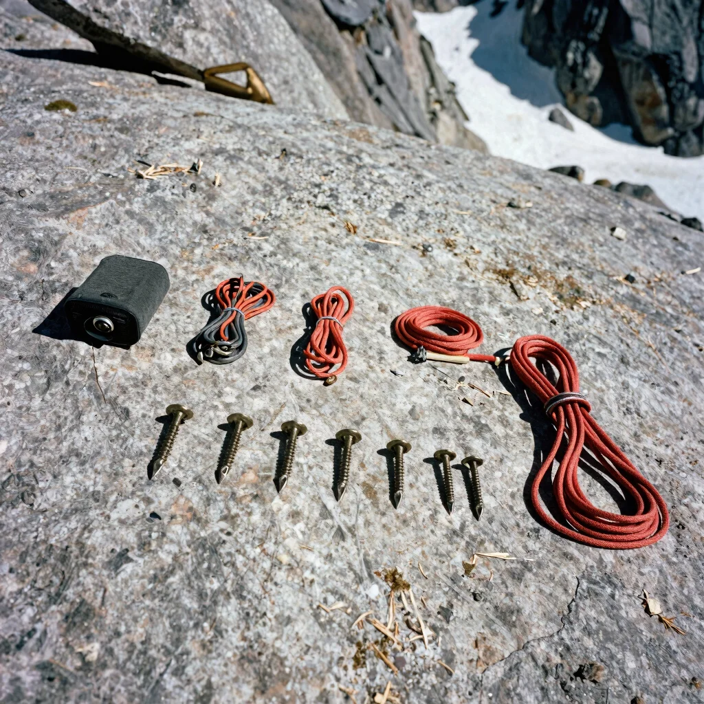 Pre-expedition gear layout on weathered granite, precise ice screws and cordage under harsh daylight