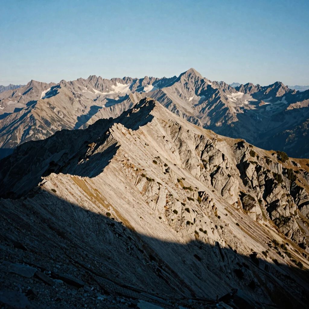 Intense ridge shadows during an early morning alpine start, atmospheric peaks in the background