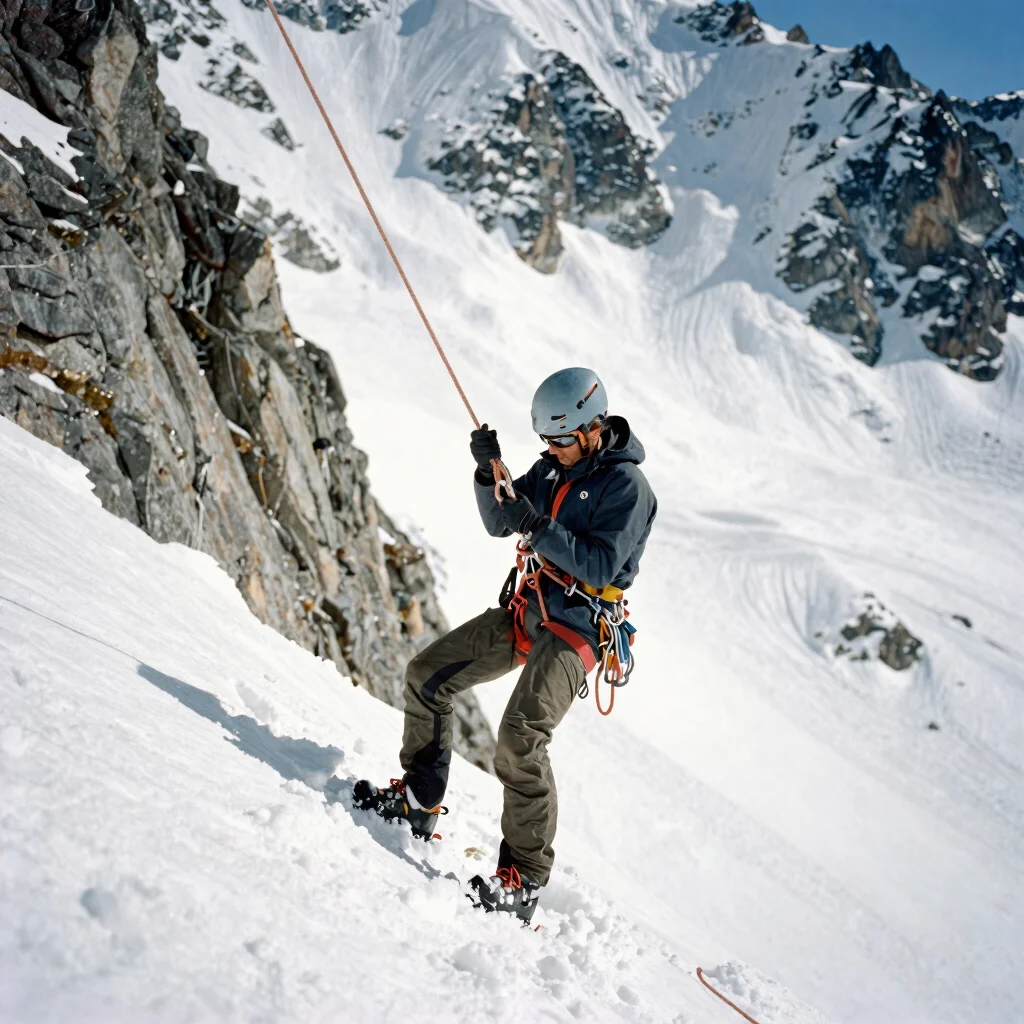 Technical rope handling and knot work on a high-altitude snowfield, sharp focus