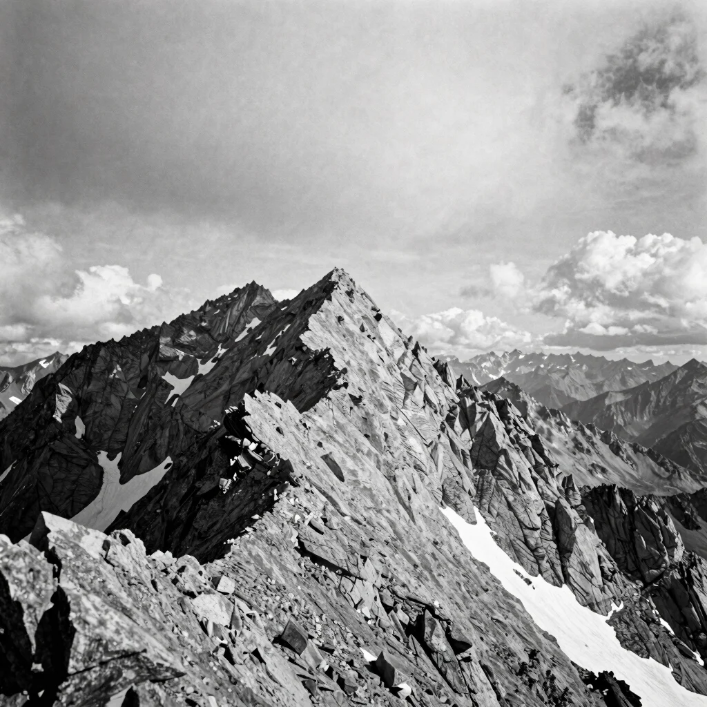 Dramatic weather transition rolling over a jagged summit ridge, high-contrast monochrome tones