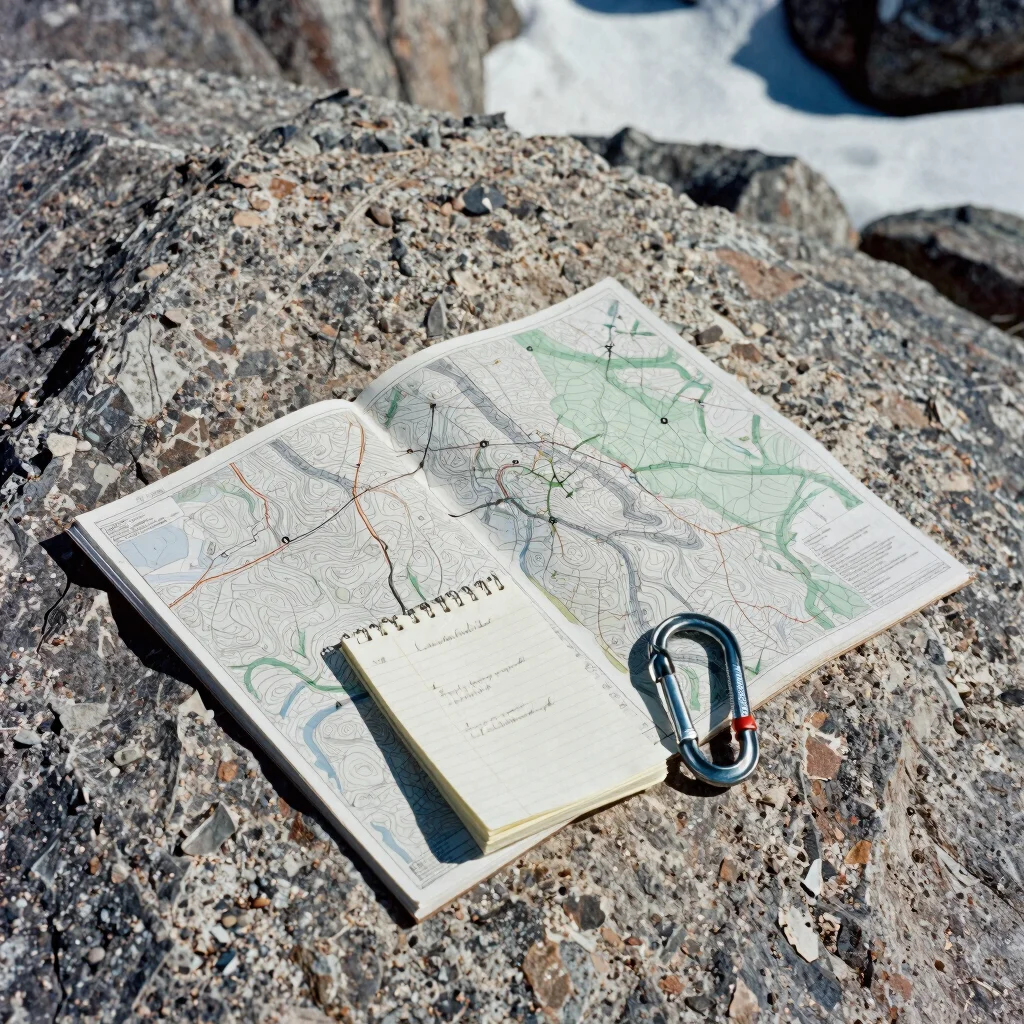 Topographic maps and handwritten field notes weighted down by a carabiner on a rock slab