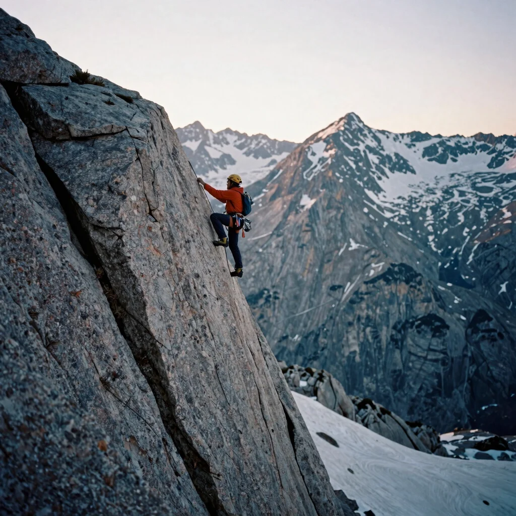 Solitary climber on an exposed granite ridge at dawn, 35mm film grain, desaturated rock and snow tones